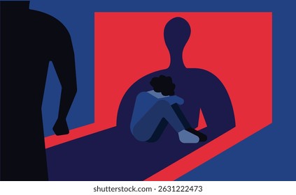 Uma pessoa assustada sentada em uma sala sozinha e uma grande sombra de agressor, ilustração conceitual da violência