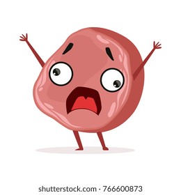 Scared piece of ham standing with hands up. Cartoon character in flat style. Fresh meat product. Isolated vector illustration