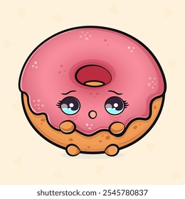 Assustado personagem Rosado Donut. Mão vetor desenhado tradicional desenho animado vintage, retro, ícone de ilustração de personagem kawaii. Fundo de luz isolado. Conceito de caractere Cry pink Donut