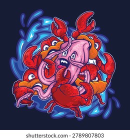 Scared pink squid caught and pinched by multiple red crabs in a dynamic blue water splash. Playful ocean animal cartoon design, perfect for seafood brand, clothing graphic, or mascot logo.