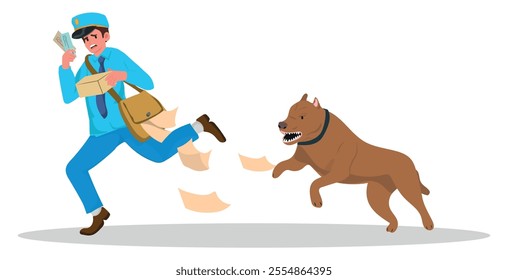 Scared postman running from a fierce dog. Courier delivering mail to customer. Courier service, vector illustration.