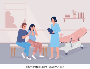 Scared pregnant woman with partner visiting doctor flat color vector illustration. Panic attack during baby expectation. Fully editable 2D simple cartoon characters with medical office on background