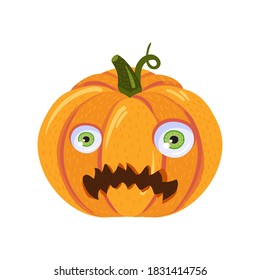 Scared pumpkin for halloween party or web design. Cute pumpkin with cartoon face on white background isolated for greeting card or invitation. Vector illustration
