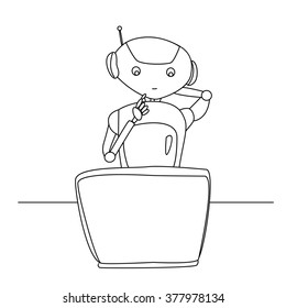 Scared and puzzled robot working on the laptop. Problem solution. Robot and and unexpected situation.