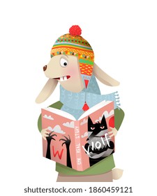 Conejo asustado con sombrero de punto de invierno y libro de lectura de pañuelos sobre lobos, diseño de personajes para niños lindos. Diseño de carácter animal amigable para niños en vector.