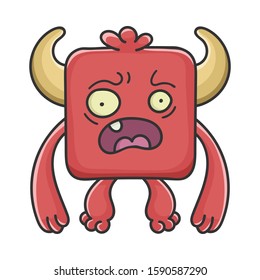 Scared red square Devil cartoon monster isolated on white