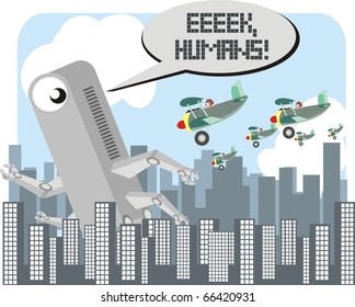 Scared robot running away from attacking airplanes in a skyscraper city colorful vector illustration