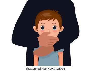 Scared and sad kidnapped little boy with adult hand cover her mouth and hold her hostage for ransom. Child abduction and Human trafficking concept.