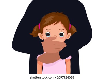 Scared and sad kidnapped little girl with adult hand cover her mouth and hold her hostage for ransom. Child abduction and Human trafficking concept.