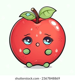 Scared sad Red apple character. Vector hand drawn traditional cartoon vintage, retro kawaii character illustration icon. Isolated light green background. Scared Red apple character concept