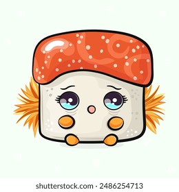 Scared sad Sushi character. Vector hand drawn traditional cartoon vintage, retro kawaii character illustration icon. Isolated light green background. Scared Sushi character concept