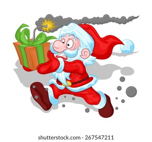 Scared Santa Running with Bomb Gift Vector