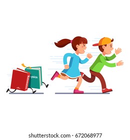 Scared school students running from books math, physics full of knowledge. Boy, girl  escaping science classes. Homework textbooks chasing pupils. Education stress. Flat vector isolated illustration.