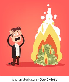 Scared screaming office worker businessman entrepreneur man character looking on burning fire heap of money dollars currency paper note. Cash burn commercial banking bankruptcy crisis. Financial fail 