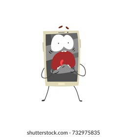Scared screaming smartphone character with a grey screen, arms and legs cartoon vector Illustration