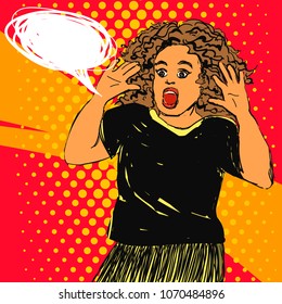 Scared screaming woman with opened mouth and hands up, curly hair. Vector hand drawn pop art illustration with text bubble.