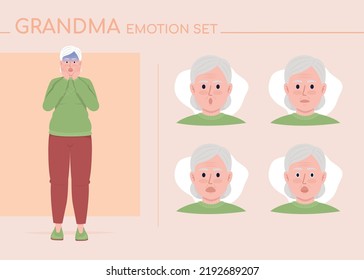 Scared senior woman semi flat color character emotions set. Editable facial expressions. Confusion vector style illustration for motion graphic design and animation. Comfortaa font used