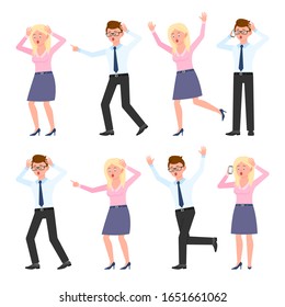 Erschüttert, schockiert, verzweifelt, unter dem Druck Typ und Dame Vektorillustration Illustration. Stressierter, beunruhigter, verlorener Junge und Mädchen-Cartoon-Zeichensatz