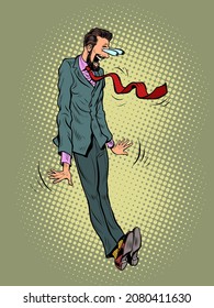 a scared, shocked face, eyes on the forehead The characteristic emotional pose of a businessman man