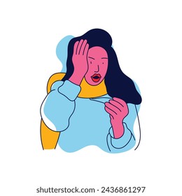 Scared shocked young woman with open mouth looking at thermometer, pressing hand to head. Vector hand drawn illustration in flat style.