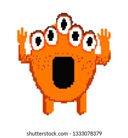 Scared shouting pixel monster. Alien with many eyes raising hands and screaming with fear. Can be used for topics like emotion, horror, Halloween