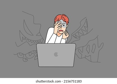 Scared small boy cover face feel terrified watching horror movie on computer. Little kid afraid of ghosts, struggle from violence content on internet. Effect on children health. Vector illustration.