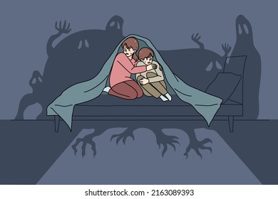 Scared small children sit bed under blanket terrified by imaginary monsters  Frightened little kids feel fear   anxiety because house ghosts  Childhood nightmare  Vector illustration  