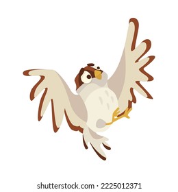 Scared sparrow falling cartoon illustration. Cute funny small brown bird with spread wings on white background. Animal, wildlife concept.