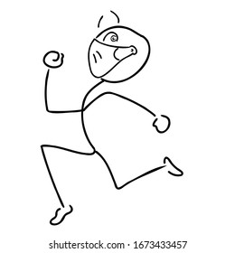 Scared stick man wearing mask running away in panic. Coronavirus concept vector illustration. 