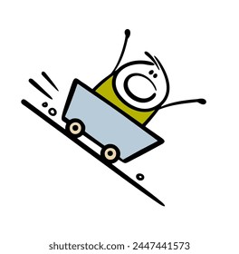 Scared stickman sits in a cart and rushes at high speed down a mountain. Vector illustration of an accident on a cliff. Isolated funny man on white background.