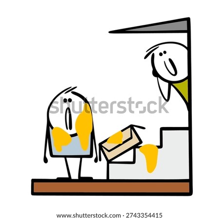 Scared stickman, splattered with paint, stands in shock on the porch. Vector illustration of a thief stealing a box. Cartoon paper box suddenly exploded in the hands of the criminal. The satisfied owner looks out from behind the door. Crime and punishment.