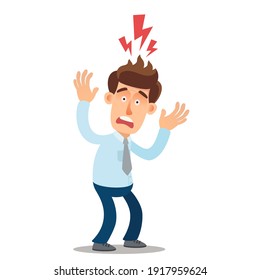 Scared stressed man trembling with fear. Young worker with a frightened expression on his face. Vector illustration, flat design, cartoon style, isolated on white background.