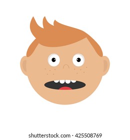 Scared surprised afraid guy head. Baby boy emotion collection. Cute cartoon character with red hair and freckles Socked face Abuse anger boy icon White background Isolated Flat design.Vector 