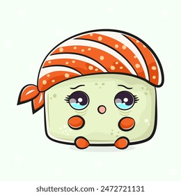 Erschrockene Sushi-Figur. Vektorgrafik Handgezeichnete traditionelle Cartoon Vintage, Retro, Kawaii Zeichen Illustration Ikone. Isolierter hellgrüner Hintergrund. Cry Sushi Charakterkonzept