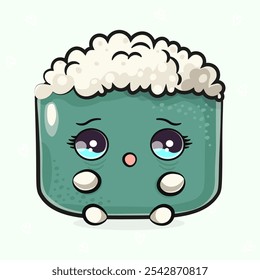 Assustado personagem Sushi. Mão vetor desenhado tradicional desenho animado vintage, retro, ícone de ilustração de personagem kawaii. Fundo verde claro isolado. Conceito de caracteres Cry Sushi