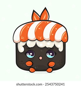 Assustado personagem Sushi. Mão vetor desenhado tradicional desenho animado vintage, retro, ícone de ilustração de personagem kawaii. Fundo verde claro isolado. Conceito de caracteres Cry Sushi