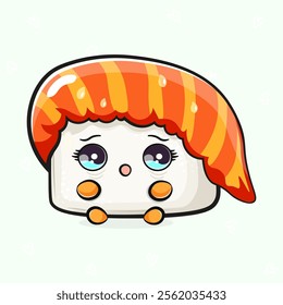 Scared Sushi character. Vector hand drawn traditional cartoon vintage, retro, kawaii character illustration icon. Isolated light green background. Cry Sushi character concept