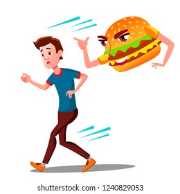 Scared Teen Guy Runing Away From Hamburger Vector. Isolated Cartoon Illustration
