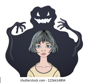 Scared teenage girl in front of a monster ghost. Psychology, fears and phobias. Flat vector ilustration. Isolated on white background.