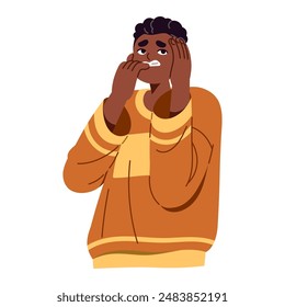 Scared teenager holds head with hands, biting nails for fear. Frightened boy panic. Person with afraid facial expression, anxious emotions. Flat isolated vector illustration on white background