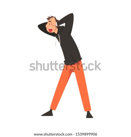 Scared and Terrified Man Clasped his Head, Emotional Frightened Person Character Afraid of Something Vector Illustration