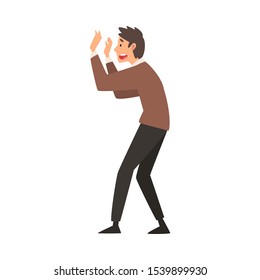 Scared and Terrified Man Doing Stop Gesture, Emotional Frightened Person Character Afraid of Something Vector Illustration