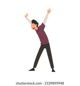 Scared and Terrified Man with His Hands Raised and Mouth Open, Emotional Frightened Person Character Afraid of Something Vector Illustration