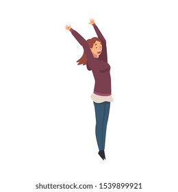 Scared and Terrified Woman with Her Hands Raised and Mouth Open, Emotional Frightened Person Character Afraid of Something Vector Illustration