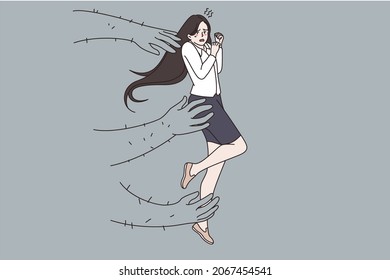 Scared terrified young woman grasped by huge hands, suffer from men aggressive rude behavior. Girl struggle with sexual harassment at work. Violence and bullying problem concept. Vector illustration. 