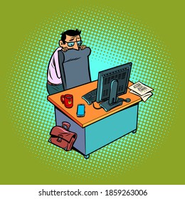 a scared and timid male businessman works at an office workplace at a computer. Comic cartoon vintage retro style