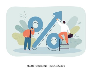 Pequeños hombres de negocios asustados con un porcentaje de ilustración vectorial. Dibujo de una persona en una escalera que lucha por aumentar el precio o la tasa de interés. Inflación, finanzas, economía, concepto bancario