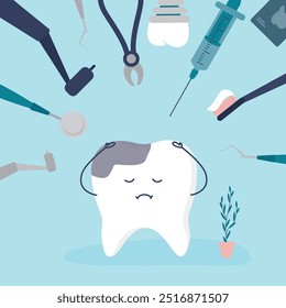 Scared tooth afraid of the dentist. Painful molar feeling unhappy, panic and fearful at dental check-up. Dentophobia, tooth stands under dental devices and tools. flat vector illustration