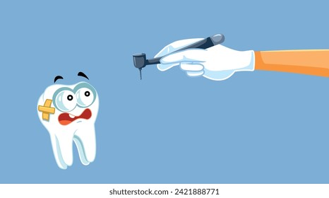 
Miedo a los dientes asustados de la ilustración de la caricatura del vector dentista. Doloroso sentimiento molar infeliz y temeroso en el chequeo dental
