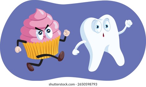 
Dente Assustado Perseguido por uma Ilustração de Desenho Animado de Muffin. Molar atacado por doces açucarados que põem em risco a saúde bucal
